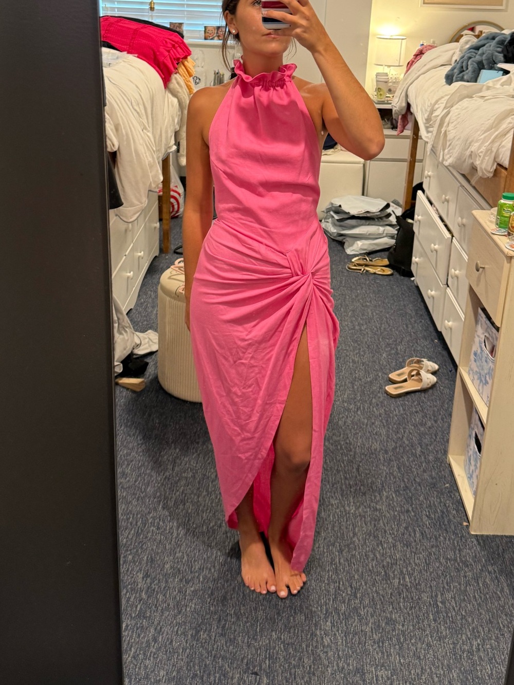 Pink Halter Maxi Dress with Side Knot and Front Slit